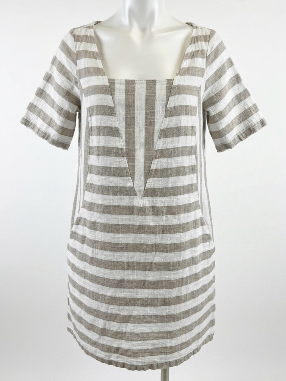 Lucy & Laurel Striped Linen Blend Tunic Dress Pockets Neutral Brown White Size M
